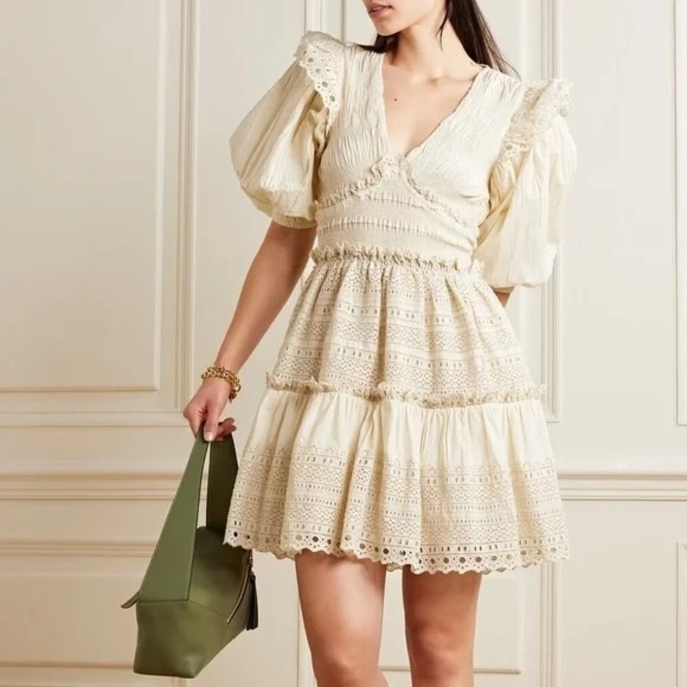 SEA NY Marley Pleated Smocked Mini Dress Cream Poetcore Romantic Sz 4  NWT